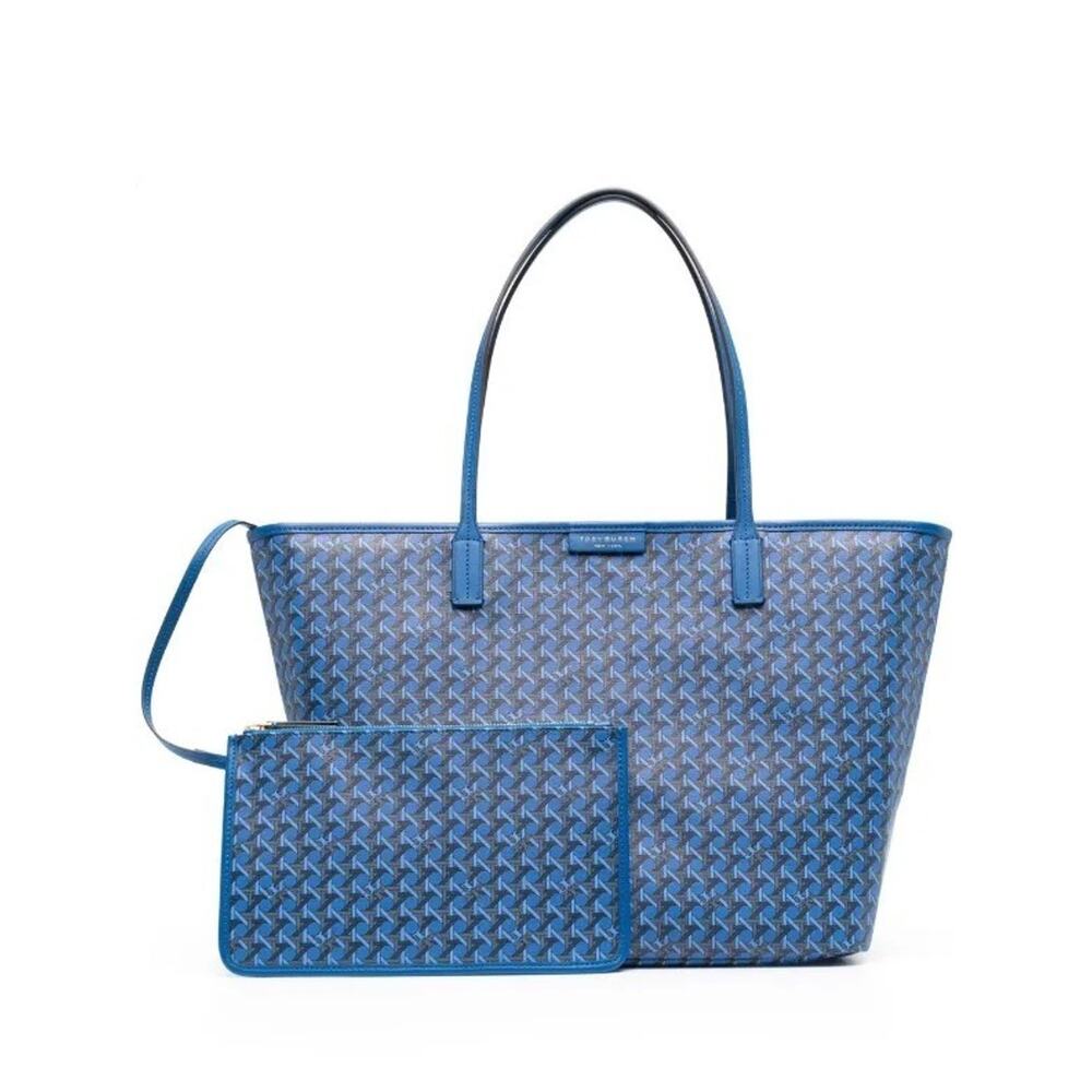 Tory Burch Blue Basketweave Logo Geometric Print Zip Top Leather Wristlet Clutch - Picture 2 of 6
